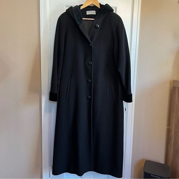 Vintage Black Lambswool Forecaster Velvet Trimed Hooded Long Trench Coat (10) - Picture 2 of 14